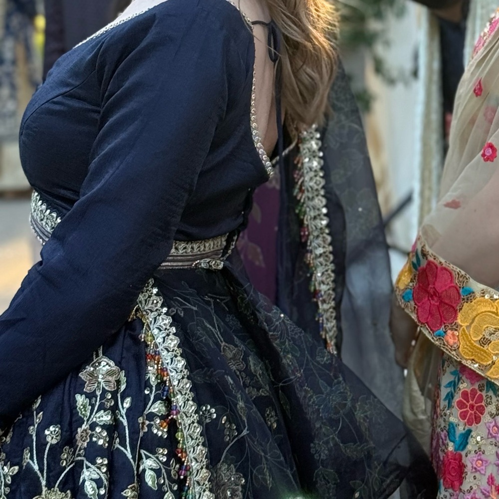 Navy Blue Embroidered Lehenga- custom long sleeves and padding - Indian dress - Picture 8 of 15